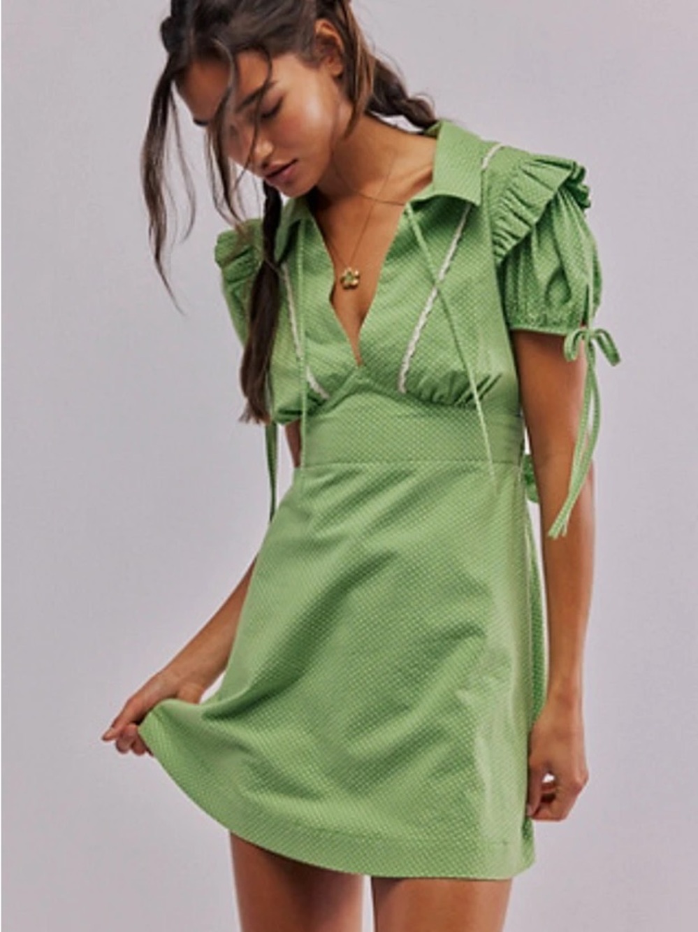 Free People Dottie Green Polka Dot Tie-Front Mini Dress